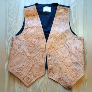 Leaders in Leather vintage 90's  hand tooled Brown leather vest Sz Lg